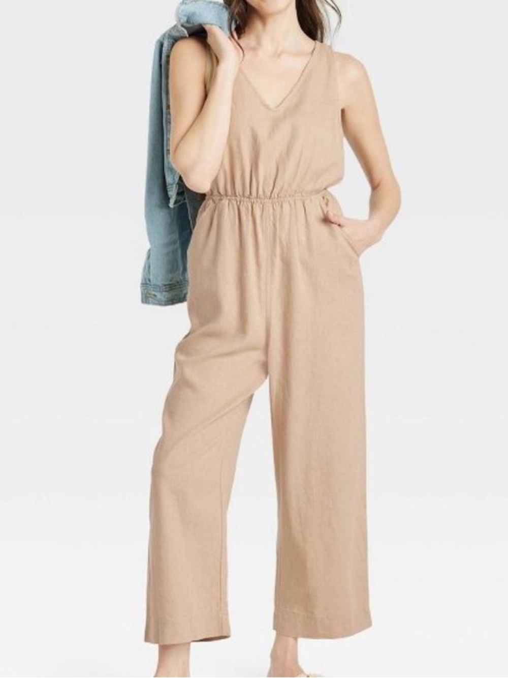 Universal Thread Sleeveless V-Neck Wide-Leg Jumpsuit in Tan